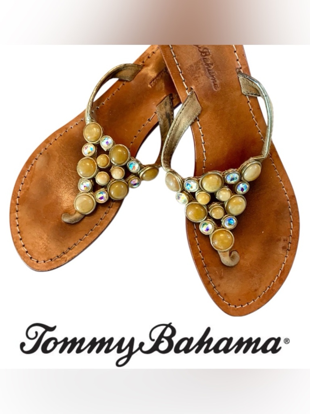 Tommy Bahama Tan Leather Thong Sandals with Gold and Iridescent Jewel Accents- 9